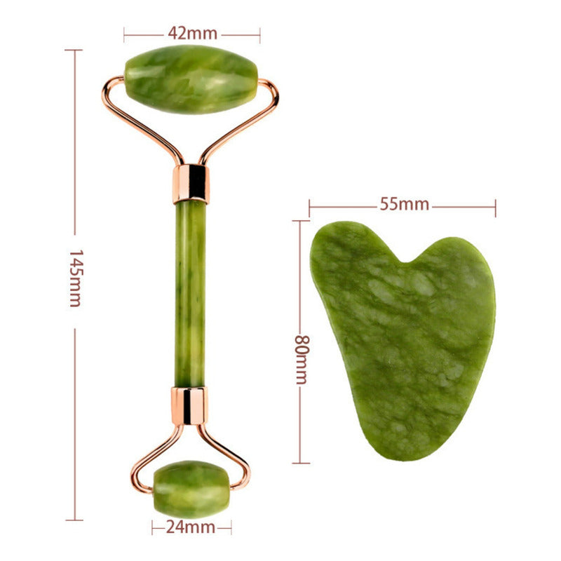 Set Rodillo Gua Sha Piedra Jade Masajeador Facial Linfático