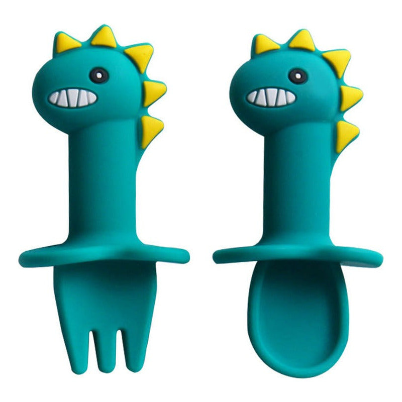 Set Plato De Silicona Dinosaurio Para Bebé Niños + Cubierto