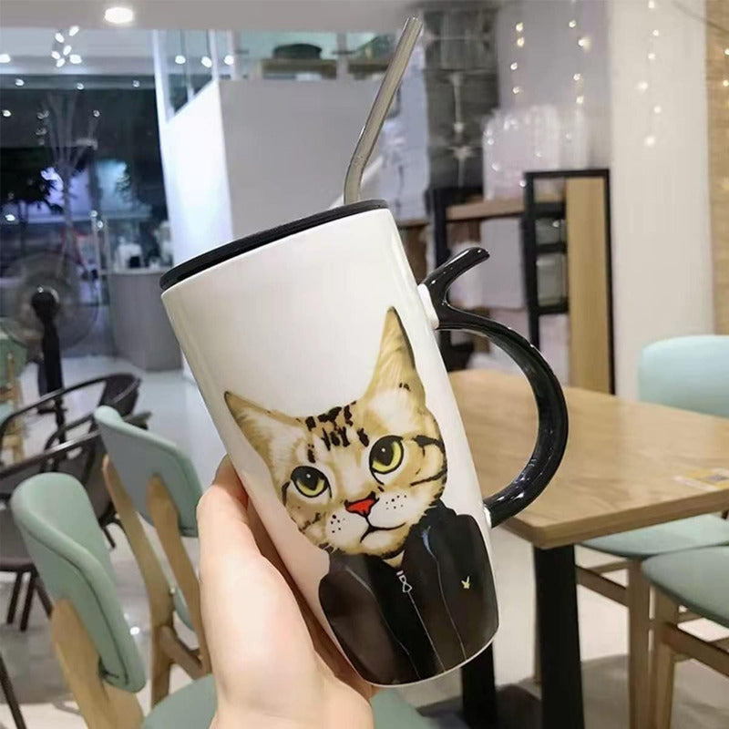 Taza Tazón Grande Gato 650ml Tapa Cuchara Bombilla - Norplat