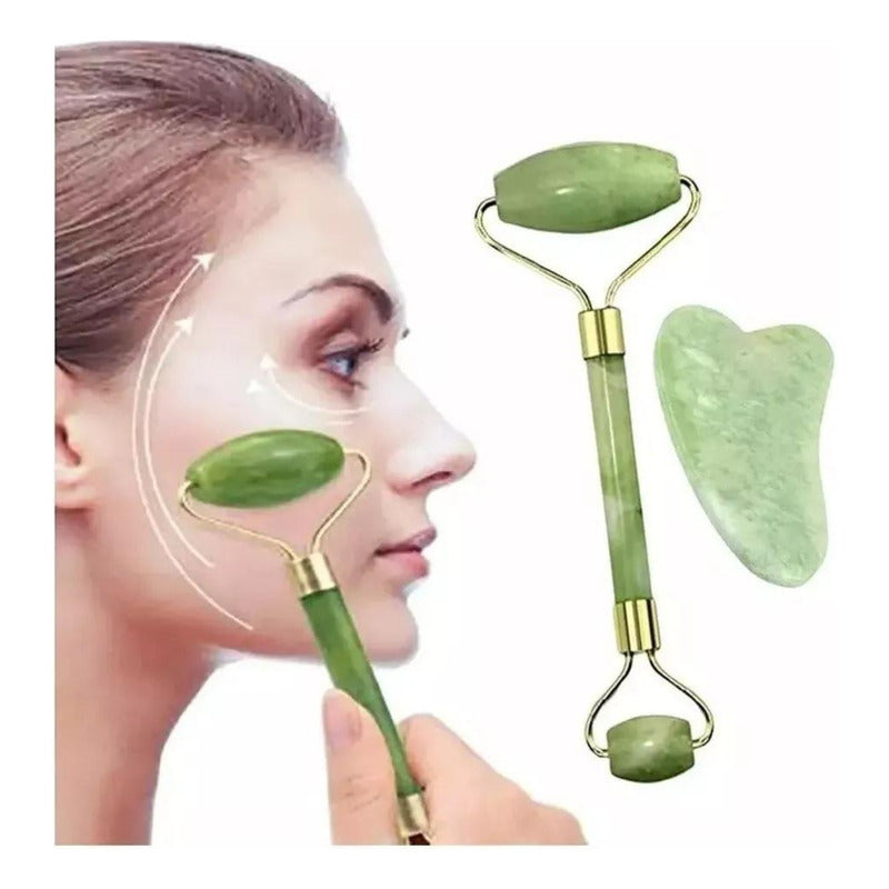 Set Rodillo Gua Sha Piedra Jade Masajeador Facial Linfático