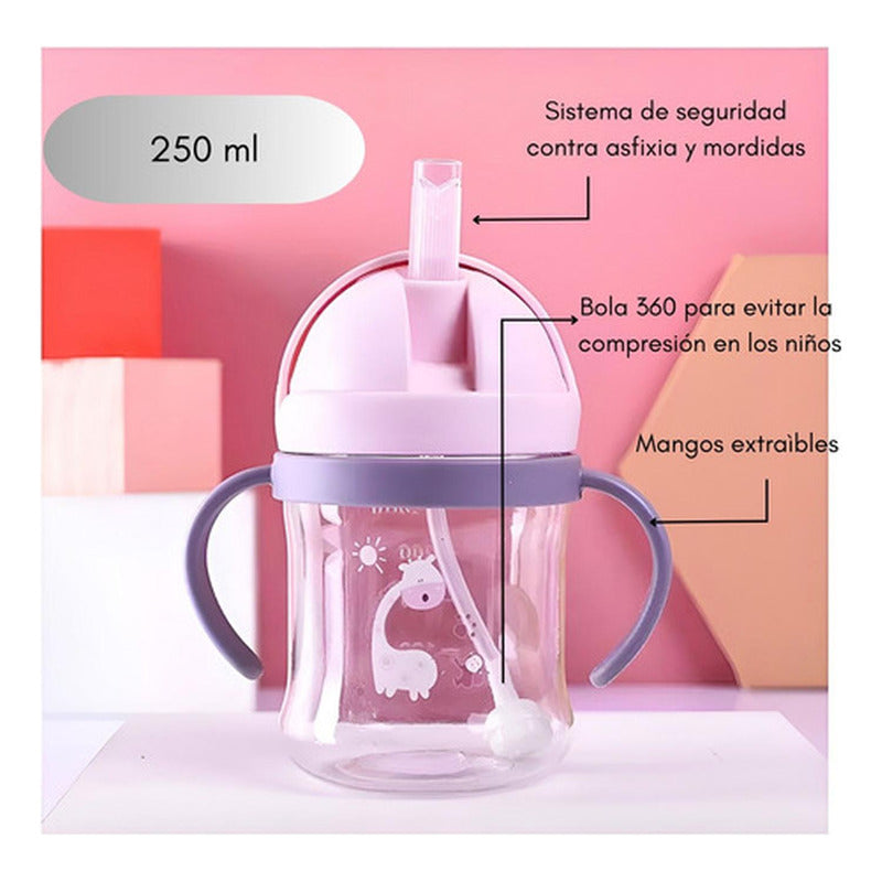 Vaso Antiderrame Norplat Para Bebe Con Bombilla 250ml 360° Rosa Jirafa