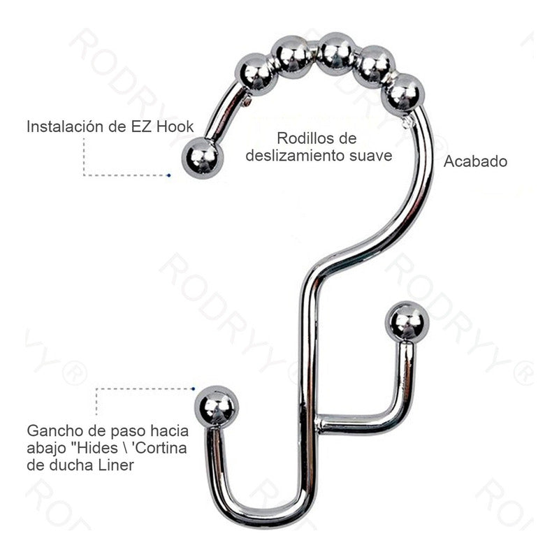 12 Ganchos Cortinas Baño Ducha Metálicos Deslizantes Norplat