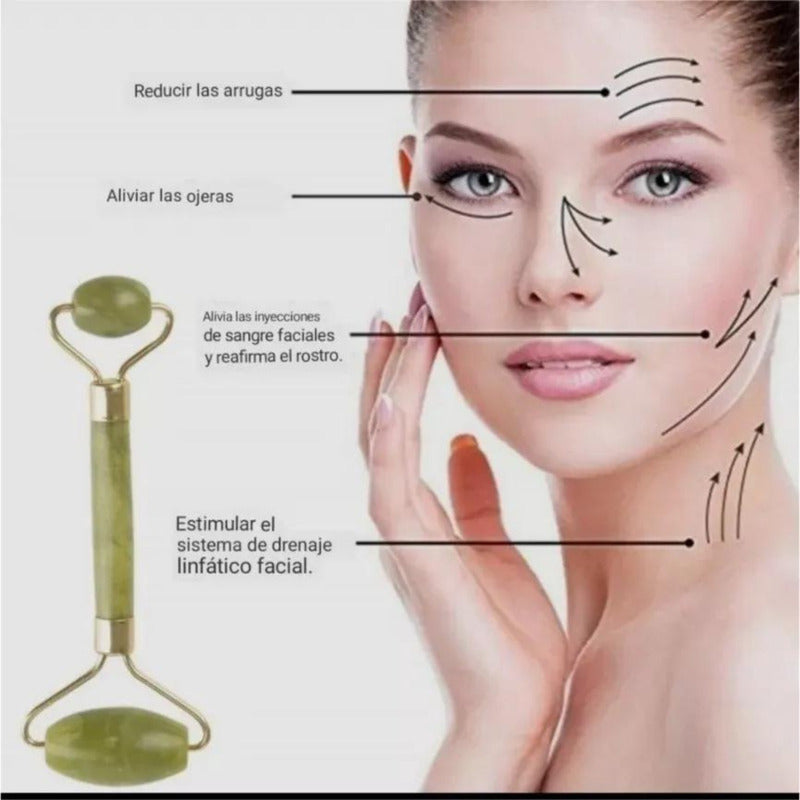 Set Rodillo Gua Sha Piedra Jade Masajeador Facial Linfático