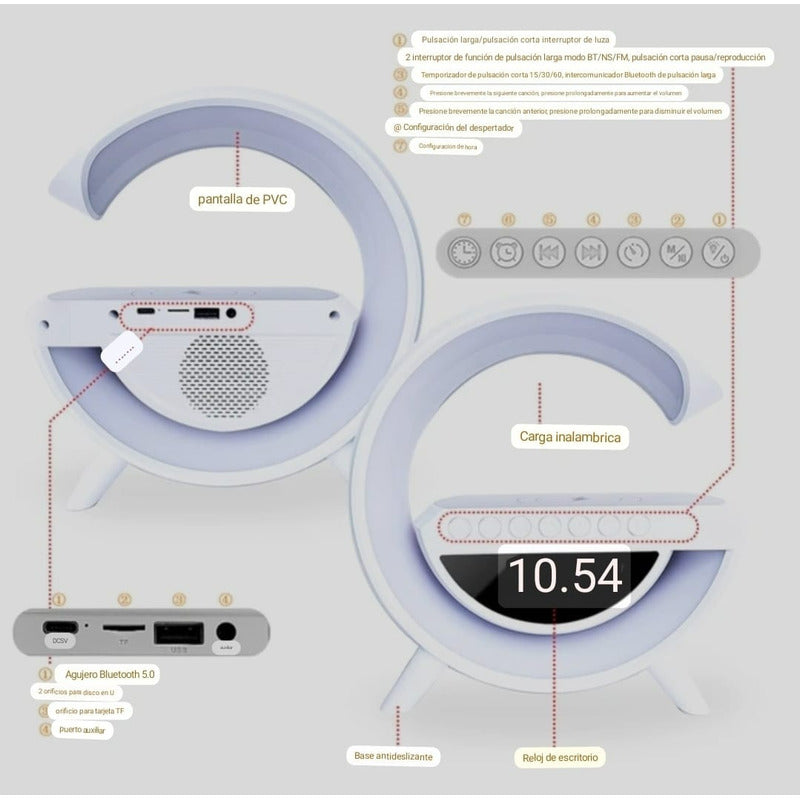 Parlante Bt Fm + Cargador Inalámbrico Reloj Lampara Norplat