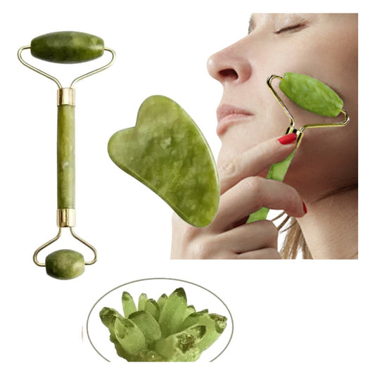 Set Rodillo Gua Sha Piedra Jade Masajeador Facial Linfático