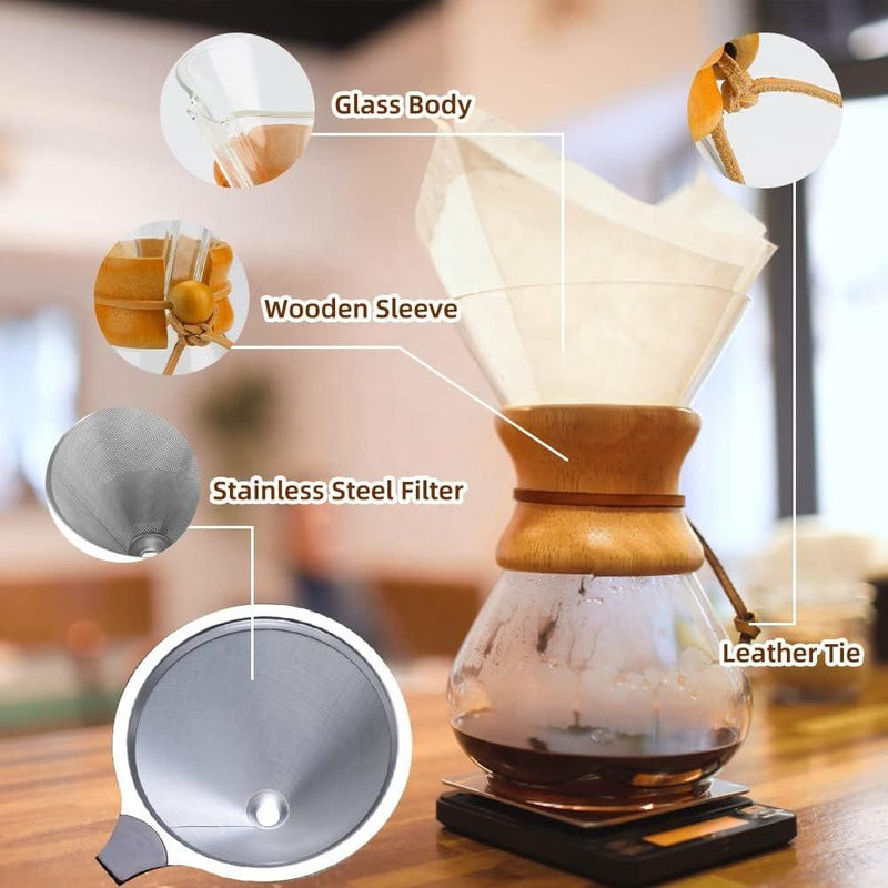 Cafetera Chemex Madera Con Filtro De Acero Inoxidable 400 Ml