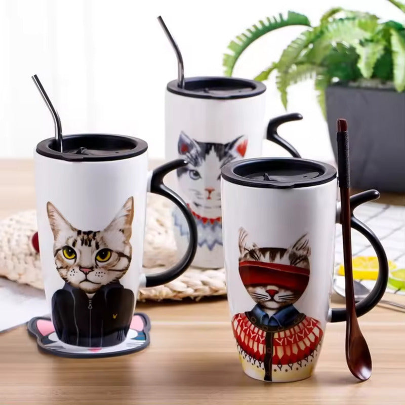 Taza Tazón Grande Gato 650ml Tapa Cuchara Bombilla - Norplat