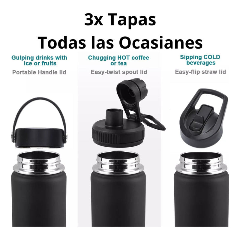 Termo Botella Agua Termica Acero Inoxidable 740ml + 3 Tapas