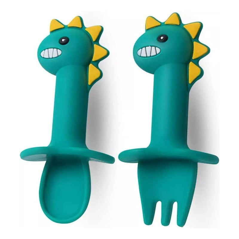 Set Plato De Silicona Dinosaurio Para Bebé Niños + Cubierto