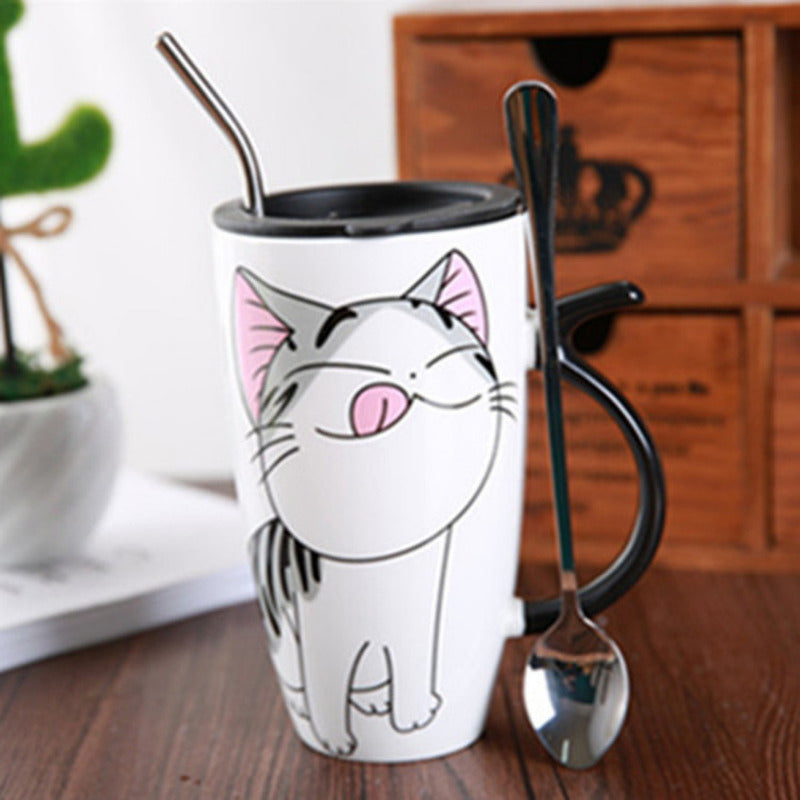 Taza Tazón Grande Gato 650ml Tapa Cuchara Bombilla - Norplat