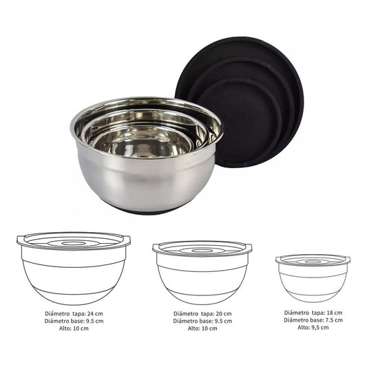 Set 3 Bowls Con Tapa Acero Inoxidable Antideslizante Norplat