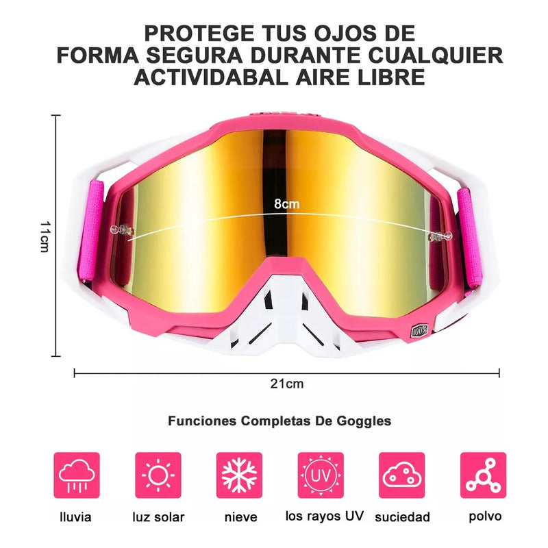 Antiparras Gafas Uv Motocross Scooter Moto Snowboard Norplat Rosa Chicle Dorado Adulto