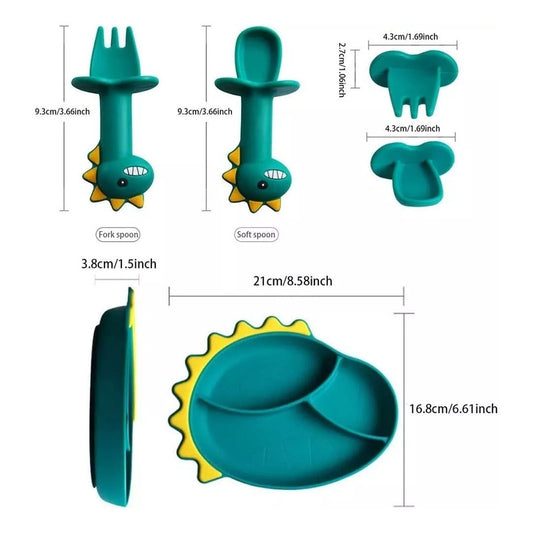 Set Plato De Silicona Dinosaurio Para Bebé Niños + Cubierto