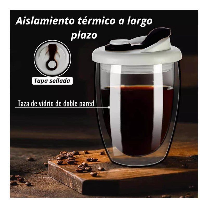 Taza Cafe Doble Vidrio Te Vaso Mug Tapa Antiderrame Norplat