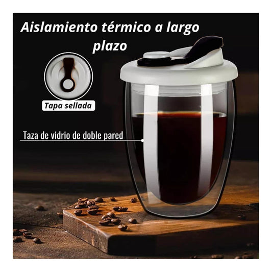 Taza Cafe Doble Vidrio Te Vaso Mug Tapa Antiderrame Norplat