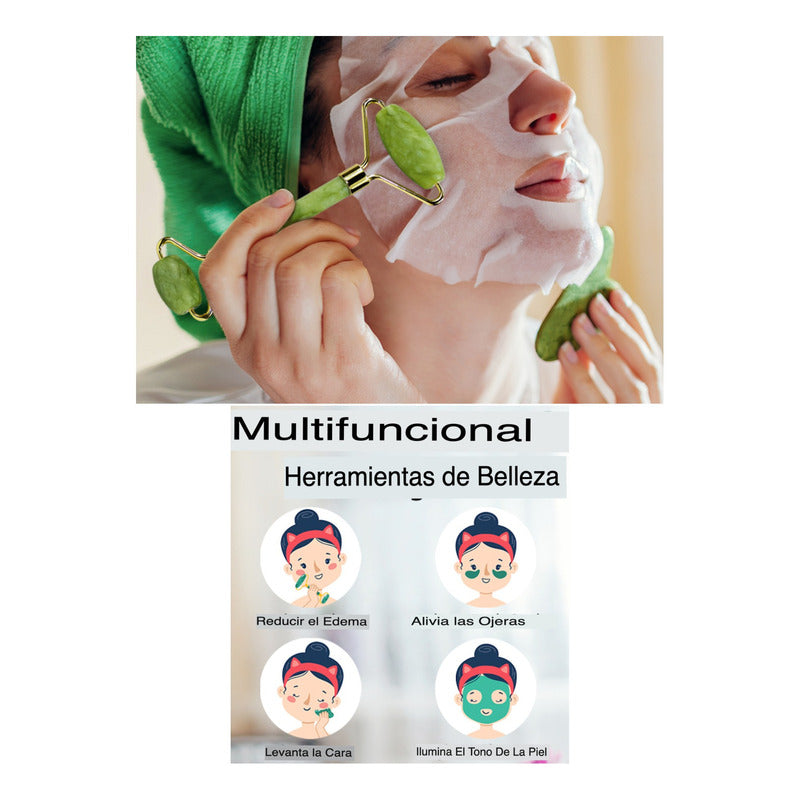 Set Rodillo Gua Sha Piedra Jade Masajeador Facial Linfático