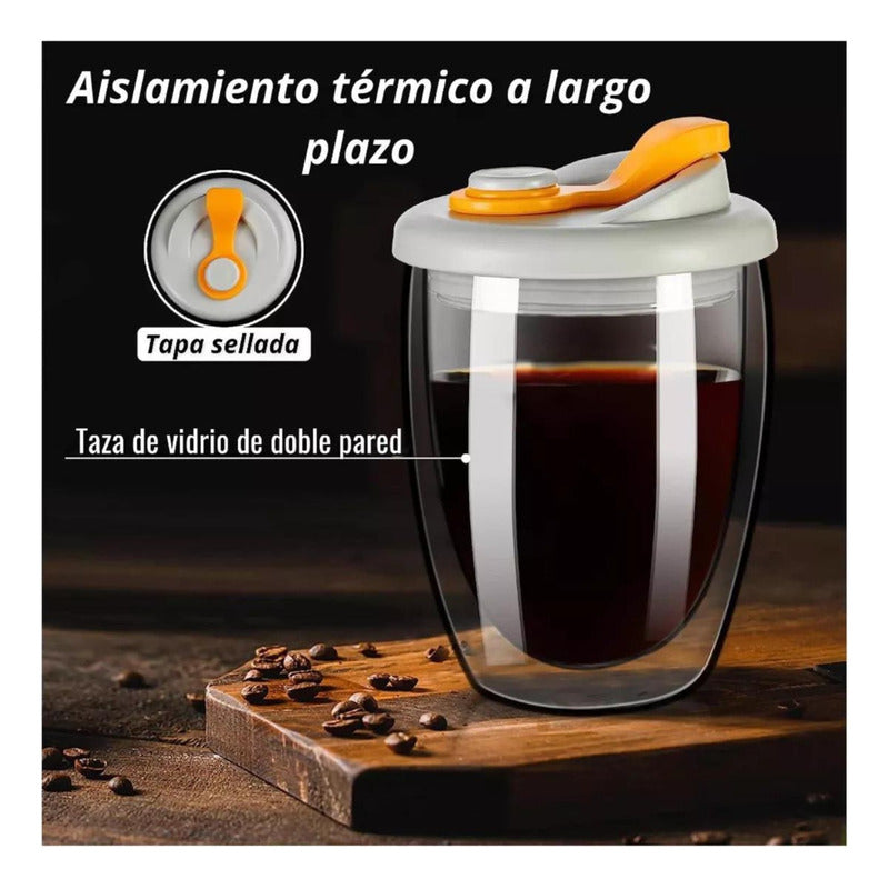 Taza Cafe Doble Vidrio Te Vaso Mug Tapa Antiderrame Norplat