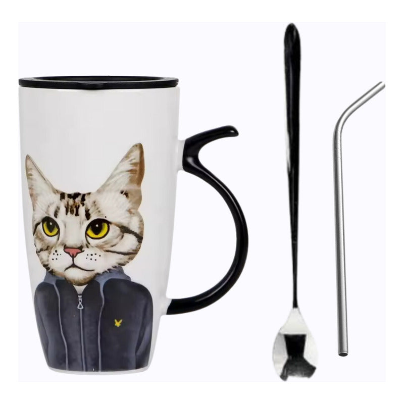 Taza Tazón Grande Gato 650ml Tapa Cuchara Bombilla - Norplat