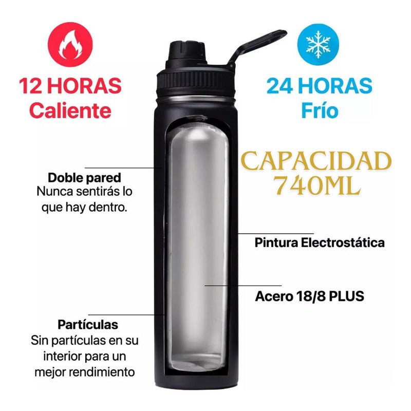 Termo Botella Agua Termica Acero Inoxidable 740ml + 3 Tapas