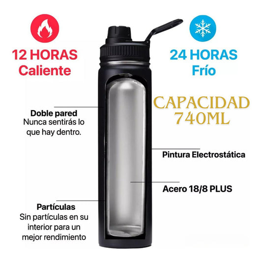 Termo Botella Agua Termica Acero Inoxidable 740ml + 3 Tapas