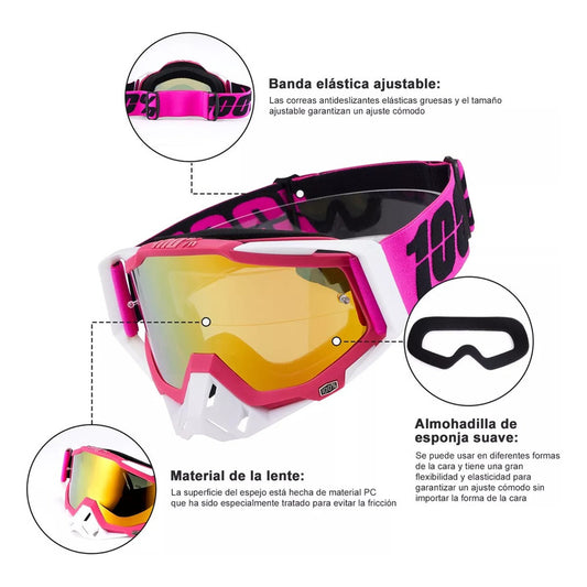 Antiparras Gafas Uv Motocross Scooter Moto Snowboard Norplat Rosa Chicle Dorado Adulto