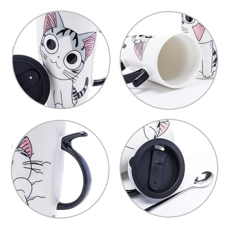 Taza Tazón Grande Gato 650ml Tapa Cuchara Bombilla - Norplat