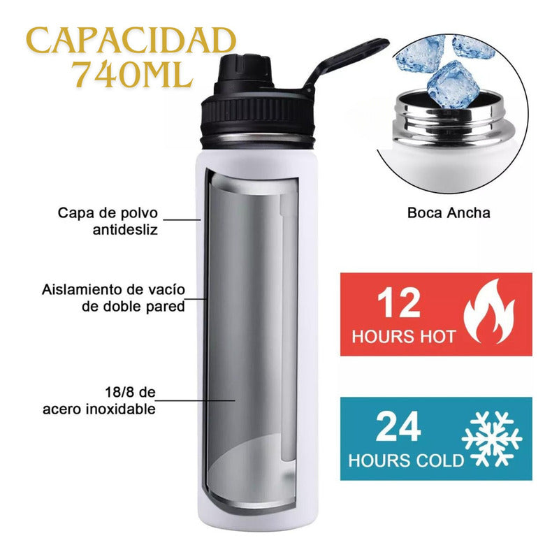 Termo Botella Agua Termica Acero Inoxidable 740ml + 3 Tapas