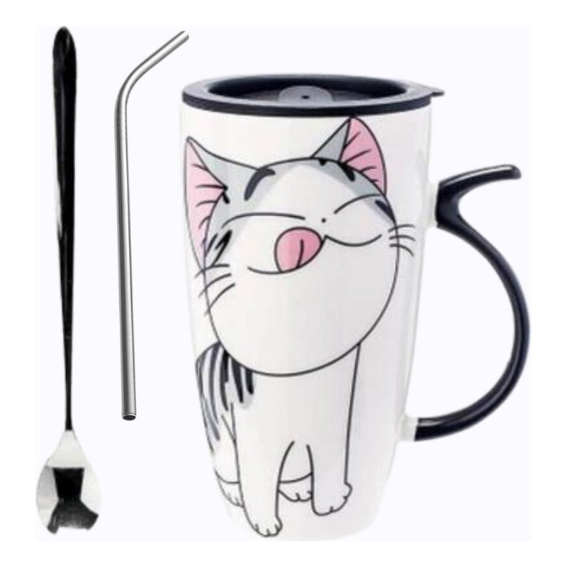 Taza Tazón Grande Gato 650ml Tapa Cuchara Bombilla - Norplat