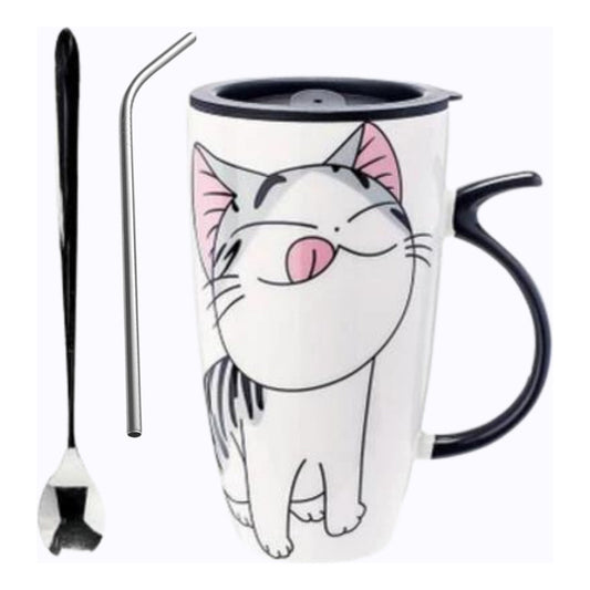 Taza Tazón Grande Gato 650ml Tapa Cuchara Bombilla - Norplat