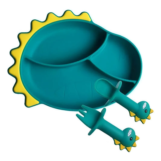 Set Plato De Silicona Dinosaurio Para Bebé Niños + Cubierto