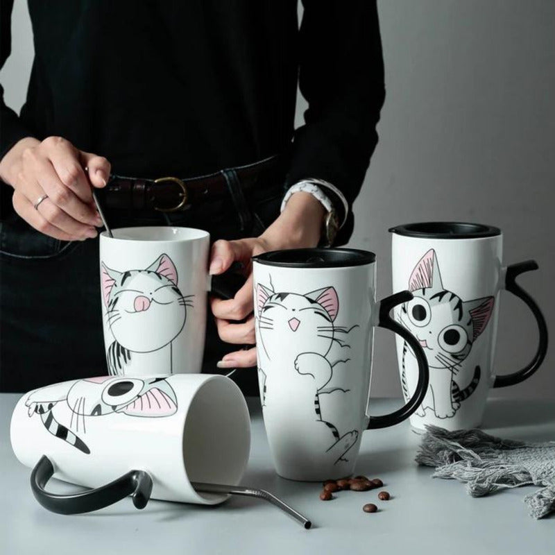 Taza Tazón Grande Gato 650ml Tapa Cuchara Bombilla - Norplat