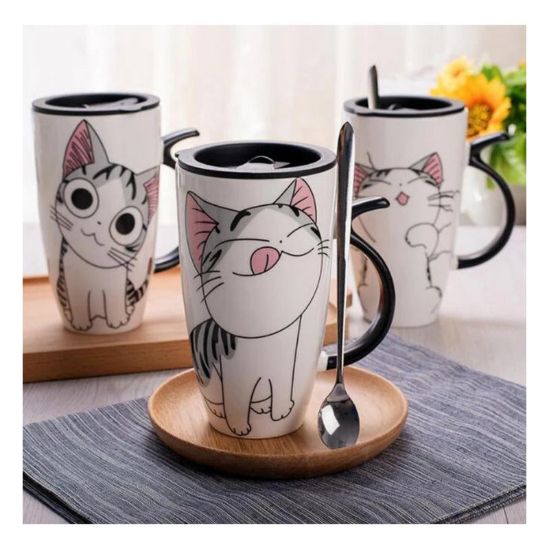 Taza Tazón Grande Gato 650ml Tapa Cuchara Bombilla - Norplat