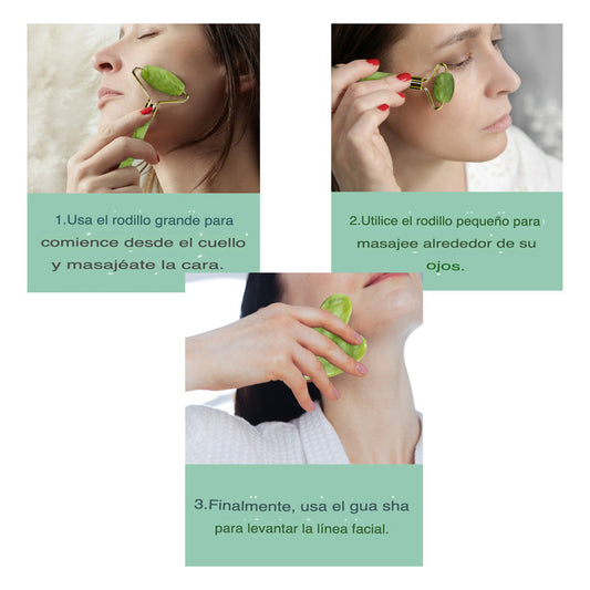 Set Rodillo Gua Sha Piedra Jade Masajeador Facial Linfático