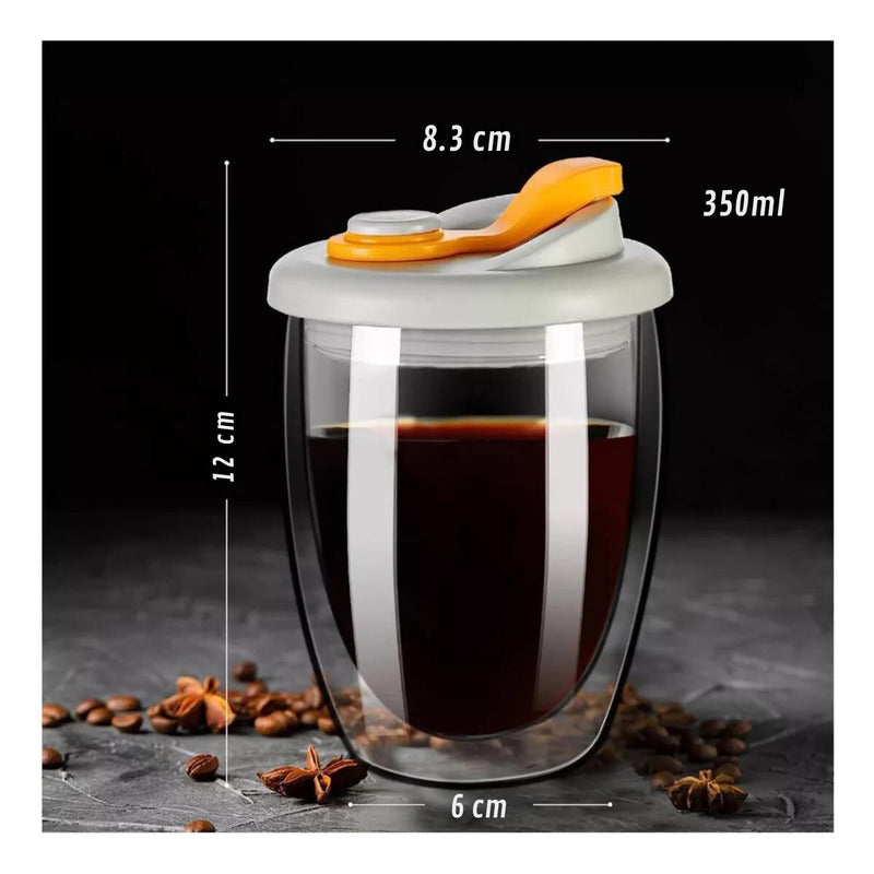 Taza Cafe Doble Vidrio Te Vaso Mug Tapa Antiderrame Norplat